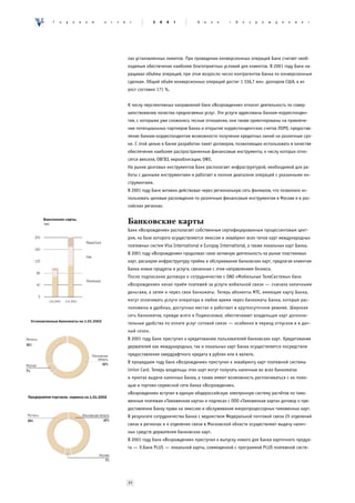 Ã   î   ä   î   â   î   é   î   ò   ÷   ¸    ò           2   0   0   1        Á   à   í   ê   «   Â   î   ç   ð   î   æ   ä   å   í   è   å   »




                                            лах установленных лимитов. При проведении конверсионных операций Банк считает необ-
                                            ходимым обеспечение наиболее благоприятных условий для клиентов. В 2001 году Банк на-
                                            ращивал объёмы операций, при этом возросло число контрагентов Банка по конверсионным
                                            сделкам. Общий объём конверсионных операций достиг 1 336,7 млн. долларов США, а их
                                            рост составил 171 %.


                                            К числу перспективных направлений банк «Возрождение» относит деятельность по совер-
                                            шенствованию качества предлагаемых услуг. Эти услуги адресованы банкам-корреспонден-
                                            там, с которыми уже сложились тесные отношения, они также ориентированы на привлече-
                                            ние потенциальных партнеров Банка и открытие корреспондентских счетов ЛОРО, предостав-
                                            ление банкам-корреспондентам возможности получения кредитных линий на различные сро-
                                            ки. С этой целью в Банке разработан пакет договоров, позволяющих использовать в качестве
                                            обеспечения наиболее распространенные финансовые инструменты, к числу которых отно-
                                            сятся векселя, ОВГВЗ, еврооблигации, ОФЗ.
                                            На рынке долговых инструментов Банк располагает инфраструктурой, необходимой для ра-
                                            боты с данными инструментами и работает в полном диапазоне операций с указанными ин-
                                            струментами.
                                            В 2001 году Банк активно действовал через региональную сеть филиалов, что позволило ис-
                                            пользовать ценовые расхождения по различным финансовым инструментам в Москве и в рос-
                                            сийских регионах.


                                            Банковские карты
                                            Банк «Возрождение» располагает собственным сертифицированным процессинговым цент-
                                            ром, на базе которого осуществляются эмиссия и эквайринг всех типов карт международных
                                            платежных систем Visa International и Europay International, а также локальных карт Банка.
                                            В 2001 году «Возрождение» продолжал свою активную деятельность на рынке пластиковых
                                            карт, расширяя инфраструктуру приёма и обслуживания банковских карт, предлагая клиентам
                                            Банка новые продукты и услуги, связанные с этим направлением бизнеса.
                                            После подписания договора о сотрудничестве с ОАО «Мобильные ТелеСистемы» банк
                                            «Возрождение» начал приём платежей за услуги мобильной связи — сначала наличными
                                            деньгами, а затем и через свои банкоматы. Теперь абоненты МТС, имеющие карту Банка,
                                            могут оплачивать услуги оператора в любое время через банкоматы Банка, которые рас-
                                            положены в удобных, доступных местах и работают в круглосуточном режиме. Широкая
                                            сеть банкоматов, прежде всего в Подмосковье, обеспечивает владельцам карт дополни-
                                            тельные удобства по оплате услуг сотовой связи — особенно в период отпусков и в дач-
                                            ный сезон.
                                            В 2001 году Банк приступил к кредитованию пользователей банковских карт. Кредитование
                                            держателей как международных, так и локальных карт Банка осуществляется посредством
                                            предоставления овердрафтного кредита в рублях или в валюте.
                                            В прошедшем году банк «Возрождение» приступил к эквайрингу карт платежной системы
                                            Union Card. Теперь владельцы этих карт могут получать наличные во всех банкоматах
                                            и пунктах выдачи наличных Банка, а также имеют возможность расплачиваться с их помо-
                                            щью в торгово-сервисной сети банка «Возрождение».
                                            «Возрождение» вступил в единую общероссийскую электронную систему расчётов по тамо-
                                            женным платежам «Таможенная карта» и подписал с ООО «Таможенная карта» договор о пре-
                                            доставлении Банку права на эмиссию и обслуживание микропроцессорных таможенных карт.
                                            В результате сотрудничества Банка с ведомством Федеральной почтовой связи 25 отделений
                                            связи в регионах и 4 отделения связи в Московской области осуществляют выдачу налич-
                                            ных средств держателям банковских карт.
                                            В 2001 году банк «Возрождение» приступил к выпуску нового для Банка карточного продук-
                                            та — V.Банк PLUS — локальной карты, совмещенной с программой PLUS платежной систе-




                                            24
 