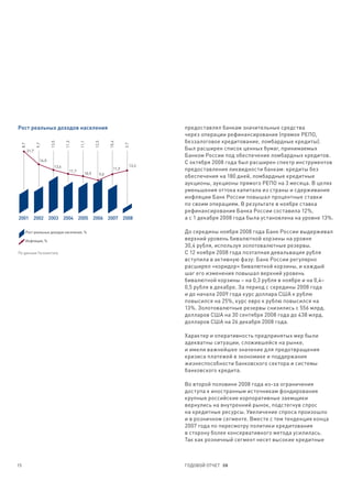 Рост реальных доходов населения                                                    предоставлял банкам значительные средства
                                                                                   через операции рефинансирования (прямое РЕПО,
                                                                                   беззалоговое кредитование, ломбардные кредиты).
                           13,5


                                    11,3


                                              11,1


                                                        12,5


                                                                 10,4
     8,7


                  9,7




                                                                          2,7




           21,7
                                                                                   Был расширен список ценных бумаг, принимаемых
                                                                                   Банком России под обеспечение ломбардных кредитов.
                    16,0
                                                                                   С октября 2008 года был расширен спектр инструментов
                             13,6                                           13,3
                                       11,7
                                                                   11,9            предоставления ликвидности банкам: кредиты без
                                                 10,9      9,0
                                                                                   обеспечения на 180 дней, ломбардные кредитные
                                                                                   аукционы, аукционы прямого РЕПО на 3 месяца. В целях
                                                                                   уменьшения оттока капитала из страны и сдерживания
                                                                                   инфляции Банк России повышал процентные ставки
                                                                                   по своим операциям. В результате в ноябре ставка
                                                                                   рефинансирования Банка России составила 12%,
2001 2002 2003 2004 2005 2006 2007 2008                                            а с 1 декабря 2008 года была установлена на уровне 13%.

       Рост реальных доходов населения, %                                          До середины ноября 2008 года Банк России выдерживал
       Инфляция, %                                                                 верхний уровень бивалютной корзины на уровне
                                                                                   30,4 рубля, используя золотовалютные резервы.
По данным Госкомстата                                                              С 12 ноября 2008 года поэтапная девальвация рубля
                                                                                   вступила в активную фазу: Банк России регулярно
                                                                                   расширял «коридор» бивалютной корзины, и каждый
                                                                                   шаг его изменения повышал верхний уровень
                                                                                   бивалютной корзины – на 0,3 рубля в ноябре и на 0,4–
                                                                                   0,5 рубля в декабре. За период с середины 2008 года
                                                                                   и до начала 2009 года курс доллара США к рублю
                                                                                   повысился на 25%, курс евро к рублю повысился на
                                                                                   13%. Золотовалютные резервы снизились с 556 млрд.
                                                                                   долларов США на 30 сентября 2008 года до 438 млрд.
                                                                                   долларов США на 26 декабря 2008 года.

                                                                                   Характер и оперативность предпринятых мер были
                                                                                   адекватны ситуации, сложившейся на рынке,
                                                                                   и имели важнейшее значение для предотвращения
                                                                                   кризиса платежей в экономике и поддержания
                                                                                   жизнеспособности банковского сектора и системы
                                                                                   банковского кредита.

                                                                                   Во второй половине 2008 года из-за ограничения
                                                                                   доступа к иностранным источникам фондирования
                                                                                   крупные российские корпоративные заемщики
                                                                                   вернулись на внутренний рынок, подстегнув спрос
                                                                                   на кредитные ресурсы. Увеличение спроса произошло
                                                                                   и в розничном сегменте. Вместе с тем тенденция конца
                                                                                   2007 года по пересмотру политики кредитования
                                                                                   в сторону более консервативного метода усилилась.
                                                                                   Так как розничный сегмент несет высокие кредитные



15                                                                                 ГОДОВОЙ ОТЧЕТ 08
 