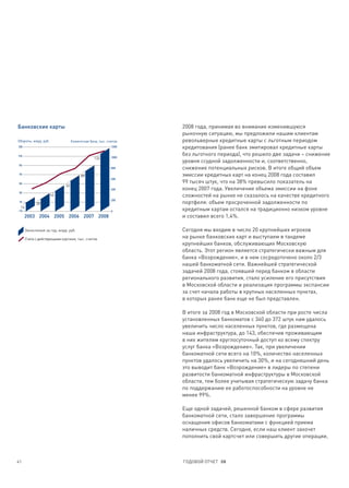 Банковские карты                                                 2008 года, принимая во внимание изменившуюся
                                                                 рыночную ситуацию, мы предложили нашим клиентам
Обороты, млрд. руб.               Клиентская база, тыс. счетов   револьверные кредитные карты с льготным периодом
130                                                       1200   кредитования (ранее банк эмитировал кредитные карты
110                                                       1000
                                                                 без льготного периода), что решило две задачи – снижение
                                                126
                                                                 уровня ссудной задолженности и, соответственно,
90
                                                          800    снижение потенциальных рисков. В итоге общий объем
70
                                        89                       эмиссии кредитных карт на конец 2008 года составил
                                                          600
50                                                               99 тысяч штук, что на 38% превысило показатель на
                             66
                                                          400    конец 2007 года. Увеличение объема эмиссии на фоне
30
                      44                                         сложностей на рынке не сказалось на качестве кредитного
                                                          200
10
            28                                                   портфеля: объем просроченной задолженности по
 16
-10                                                       0      кредитным картам остался на традиционно низком уровне
      2003 2004 2005 2006 2007 2008                              и составил всего 1,4%.

      Зачисления за год, млрд. руб.                              Сегодня мы входим в число 20 крупнейших игроков
      Счета с действующими картами, тыс. счетов                  на рынке банковских карт и выступаем в тандеме
                                                                 крупнейших банков, обслуживающих Московскую
                                                                 область. Этот регион является стратегически важным для
                                                                 банка «Возрождение», и в нем сосредоточено около 2/3
                                                                 нашей банкоматной сети. Важнейшей стратегической
                                                                 задачей 2008 года, стоявшей перед банком в области
                                                                 регионального развития, стало усиление его присутствия
                                                                 в Московской области и реализация программы экспансии
                                                                 за счет начала работы в крупных населенных пунктах,
                                                                 в которых ранее банк еще не был представлен.

                                                                 В итоге за 2008 год в Московской области при росте числа
                                                                 установленных банкоматов с 340 до 372 штук нам удалось
                                                                 увеличить число населенных пунктов, где размещена
                                                                 наша инфраструктура, до 143, обеспечив проживающим
                                                                 в них жителям круглосуточный доступ ко всему спектру
                                                                 услуг банка «Возрождение». Так, при увеличении
                                                                 банкоматной сети всего на 10%, количество населенных
                                                                 пунктов удалось увеличить на 30%, и на сегодняшний день
                                                                 это выводит банк «Возрождение» в лидеры по степени
                                                                 развитости банкоматной инфраструктуры в Московской
                                                                 области, тем более учитывая стратегическую задачу банка
                                                                 по поддержанию ее работоспособности на уровне не
                                                                 менее 99%.

                                                                 Еще одной задачей, решенной банком в сфере развития
                                                                 банкоматной сети, стало завершение программы
                                                                 оснащения офисов банкоматами с функцией приема
                                                                 наличных средств. Сегодня, если наш клиент захочет
                                                                 пополнить свой картсчет или совершить другие операции,



41                                                               ГОДОВОЙ ОТЧЕТ 08
 