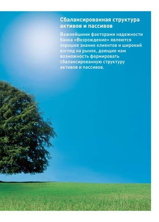 Сбалансированная структура
активов и пассивов
Важнейшими факторами надежности
банка «Возрождение» являются
хорошее знание клиентов и широкий
взгляд на рынок, дающие нам
возможность формировать
сбалансированную структуру
активов и пассивов.
 