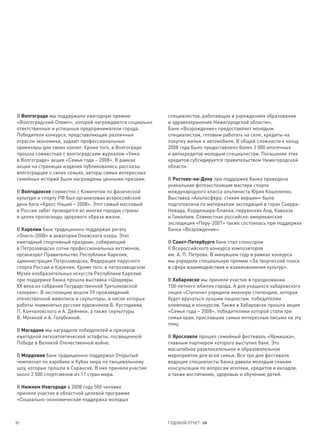 В Волгограде мы поддержали ежегодную премию             специалистов, работающих в учреждениях образования
«Волгоградский Олимп», которой награждаются социально   и здравоохранения Нижегородской области».
ответственные и успешные предприниматели города.        Банк «Возрождение» предоставляет молодым
Победители конкурса, представляющие различные           специалистам, готовым работать на селе, кредиты на
отрасли экономики, задают профессиональные              покупку жилья и автомобиля. В общей сложности к концу
ориентиры для своих коллег. Кроме того, в Волгограде    2008 года было предоставлено более 2 000 ипотечных
прошла совместная с волгоградским журналом «Умка        и автокредитов молодым специалистам. Погашение этих
в Волгограде» акция «Семья года – 2008». В рамках       кредитов субсидируется правительством Нижегородской
акции на страницах издания публиковались рассказы       области.
волгоградцев о своих семьях, авторы самых интересных
семейных историй были награждены ценными призами.       В Ростове-на-Дону при поддержке банка проведена
                                                        уникальная фотоэкспозиция мастера спорта
В Волгодонске совместно с Комитетом по физической       международного класса альпиниста Юрия Кошеленко.
культуре и спорту РФ был организован всероссийский      Выставка «Альпосфера: стихия вершин» была
день бега «Кросс Наций – 2008». Этот самый массовый     подготовлена по материалам экспедиций в горах Сьерра-
в России забег проводится во многих городах страны      Невада, Кордильера-Бланка, перуанских Анд, Кавказа
в целях пропаганды здорового образа жизни.              и Гималаев. Совместная российско-американская
                                                        экспедиция «Перу-2007» также состоялась при поддержке
В Карелии банк традиционно поддержал регату             банка «Возрождение».
«Онего-2008» в акватории Онежского озера. Этот
ежегодный спортивный праздник, собирающий               В Санкт-Петербурге банк стал спонсором
в Петрозаводске сотни профессиональных яхтсменов,       II Всероссийского конкурса композиторов
организуют Правительство Республики Карелия,            им. А. П. Петрова. В минувшем году в рамках конкурса
администрация Петрозаводска, Федерация парусного        мы учредили специальную премию «За творческий поиск
спорта России и Карелии. Кроме того, в петрозаводском   в сфере взаимодействия и взаимовлияния культур».
Музее изобразительных искусств Республики Карелия
при поддержке банка прошла выставка «Шедевры            В Хабаровске мы приняли участие в праздновании
ХХ века из собрания Государственной Третьяковской       150-летнего юбилея города. А для учащихся хабаровского
галереи». В экспозицию вошли 59 произведений            лицея «Ступени» учредили именную стипендию, которая
отечественной живописи и скульптуры, в числе которых    будет вручаться лучшим лицеистам, победителям
работы знаменитых русских художников Б. Кустодиева,     олимпиад и конкурсов. Также в Хабаровске прошла акция
П. Кончаловского и А. Дейнеки, а также скульптуры       «Семья года – 2008», победителями которой стали три
В. Мухиной и А. Голубкиной.                             семьи края, приславшие самые интересные письма на эту
                                                        тему.
В Магадане мы наградили победителей и призеров
ежегодной легкоатлетической эстафеты, посвященной       В Ярославле прошел семейный фестиваль «Ярмишка»,
Победе в Великой Отечественной войне.                   главным партнером которого выступил банк. Это
                                                        масштабное развлекательное и образовательное
В Мордовии банк традиционно поддержал Открытый          мероприятие для всей семьи. Все три дня фестиваля
чемпионат по аэробике и Кубок мира по танцевальному     ведущие специалисты банка давали молодым семьям
шоу, которые прошли в Саранске. В них приняли участие   консультации по вопросам ипотеки, кредитов и вкладов,
около 2 500 спортсменов из 11 стран мира.               а также воспитанию, здоровью и обучению детей.

В Нижнем Новгороде в 2008 году 500 человек
приняли участие в областной целевой программе
«Социально-экономическая поддержка молодых



81                                                      ГОДОВОЙ ОТЧЕТ 08
 
