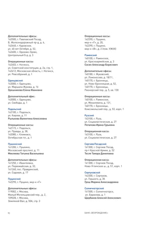 Дополнительные офисы:                       Операционные кассы:
142500, г. Павловский Посад,                142290, г. Пущино,
Б. Железнодорожный пр-д, д. 6,              мкр-н «Г», д. 20,
142640, г. Куровское,                       142290, г. Пущино,
ул. 40 лет Октября, д. 52,                  мкр-н «В», д. 2 (пом. УЖКХ)
142600, г. Орехово-Зуево,
Центральный б-р, д. 3                       Раменский
                                            140100, г. Раменское,
Операционные кассы:                         ул. Красноармейская, д. 3
142403, г. Ногинск,                         Сасин Александр Борисович
ул. Советской конституции, д. 2а, стр. 1,
142412, Московская область, г. Ногинск,     Дополнительне офисы:
ул. Ревсобраний, д. 1                       140180, г. Жуковский,
                                            ул. Ломоносова, д. 18/11,
Одинцовский                                 140170, г. Бронницы,
143000, г. Одинцово,                        ул. Ново-Бронницкая, д. 52,
ул. Маршала Жукова, д. 16                   140170, г. Бронницы,
Орешникова Елена Ивановна                   Пионерский пер., д. 5, кв. 130

Дополнительный офис:                        Операционные кассы:
143000, г. Одинцово,                        140100, г. Раменское,
ул. Свободы, д. 1                           ул. Михалевича, д. 131,
                                            140170, г. Бронницы,
Подольский                                  Комсомольский пер., д. 53, корп. 1
142100, г. Подольск,
ул. Кирова, д. 11                           Рузский
Рылькова Валентина Алексеевна               143100, г. Руза,
                                            ул. Социалистическая, д. 27
Операционные кассы:                         Потапова Ирина Гурьевна
142115, г. Подольск,
ул. Правды, д. 38,                          Операционная касса:
142080, г. Климовск,                        143100, г. Руза,
Октябрьская пл., д. 1                       ул. Социалистическая, д. 27

Пушкинский                                  Сергиев-Посадский
141200, г. Пушкино,                         141300, г. Сергиев Посад,
Московский проспект, д. 11                  пр-т Красной Армии, д. 52
Микляева Татьяна Васильевна                 Тесля Тамара Даниловна

Дополнительные офисы:                       Операционная касса:
141250, г. Ивантеевка,                      141300, г. Сергиев Посад,
ул. Первомайская, д. 32,                    Ново-Угличское ш., д. 51, корп. 1
141260, пос. Правдинский,
ул. Садовая, д. 17                          Серпуховской
                                            142200, г. Серпухов,
Пущинский                                   ул. Горького, д. 3б
142290, г. Пущино, мкр-н «Г»                Грош Марина Александровна

Дополнительные офисы:                       Солнечногорский
119002, г. Москва,                          141500, г. Солнечногорск,
Малый Могильцевский пер., д. 2,             ул. Баранова, д. 1
109028, г. Москва,                          Щербаков Алексей Алексеевич
Земляной Вал, д. 50А, стр. 3



92                                          БАНК «ВОЗРОЖДЕНИЕ»
 