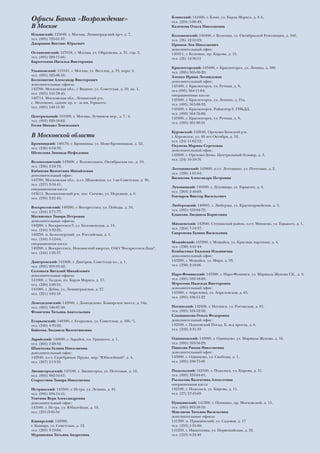 Клинский: 141600, г. Клин, ул. Карла Маркса, д. 8 А,
Офисы Банка «Возрождение»                                               тел. (224) 5-80-49;
В Москве                                                                Каленова Ольга Николаевна

Ильинский: 125040, г. Москва, Ленинградский пр-т, д. 7,                 Коломенский: 140408, г. Коломна, ул. Октябрьской Революции, д. 340,
тел. (095) 725-61-37;                                                   тел. (26) 12-55-23;
Джариани Вахтанг Юрьевич                                                Примов Лев Николаевич
                                                                        дополнительный офис:
Останкинский: 127018, г. Москва, ул. Образцова, д. 31, стр. 2,          140411, г. Коломна, пр. Кирова, д. 15,
тел. (095) 289-11-66;                                                   тел. (26) 14-36-51
Бархоткина Наталья Викторовна
                                                                        Красногорский: 143400, г. Красногорск, ул. Ленина, д. 38б
Ульяновский: 115541, г. Москва, ул. Веселая, д. 33, корп. 4,            тел. (095) 565-00-20;
тел. (095) 325-06-16;                                                   Зленко Ирина Леонидовна
Болховитин Александр Викторович                                         дополнительный офис:
дополнительные офисы:                                                   143400, г. Красногорск, ул. Речная, д. 8,
142700, Московская обл., г. Видное, ул. Советская, д. 50, кв. 1,        тел.(095) 564-11-84;
тел. (095) 541-78-45;                                                   операционные кассы:
140714, Московская обл., Ленинский р-н,                                 143400, г. Красногорск, ул. Ленина, д. 21а,
с. Молоково, здание пр. к - за им. Горького,                            тел. (095) 563-88-32;
тел. (095) 549-11-30                                                    143400, г. Красногорск, Райцентр-3, ГИБДД,
                                                                        тел. (095) 564-76-88;
Центральный: 101999, г. Москва, Лучников пер., д. 7/4,
                                                                        143400, г. Красногорск, ул. Речная, д. 8,
тел. (095) 929-18-82;
                                                                        тел. (095) 561-80-55
Гогия Михаил Тенгизович
                                                                        Куровской: 142640, Орехово-Зуевский р-н,
В Московской области                                                    г. Куровское, ул. 40 лет Октября, д. 52,
                                                                        тел. (24) 11-62-12;
Бронницкий: 140170, г. Бронницы, ул. Ново-Бронницкая, д. 52,
                                                                        Окунева Марина Сергеевна
тел. (246) 6-54-39;
                                                                        дополнительный офис:
Шепелева Зинаида Нефедовна
                                                                        142600, г. Орехово-Зуево, Центральный бульвар, д. 3,
                                                                        тел. (24) 16-10-76
Волоколамский: 143600, г. Волоколамск, Октябрьская пл., д. 10,
тел. (236) 2-24-72;
                                                                        Лотошинский: 143800, п.г.т. Лотошино, ул. Почтовая, д. 2,
Кабанова Валентина Михайловна
                                                                        тел. (228) 1-01-64;
дополнительный офис:
                                                                        Васюкова Александра Петровна
143700, Московская обл., п.г.т. Шаховская, ул. 1-ая Советская, д. 36,
тел. (237) 3-34-41;
                                                                        Луховицкий: 140500, г. Луховицы, ул. Горького, д. 4,
операционная касса:
                                                                        тел. (263) 2-49-03;
143611, Волоколамский р-н, пос. Сычево, ул. Нерудная, д. 6,
                                                                        Гончаров Виктор Васильевич
тел. (236) 2-21-45;
                                                                        Люберецкий: 140005, г. Люберцы, ул. Красноармейская, д. 3,
Воскресенский: 140200, г. Воскресенск, ул. Победы, д. 34,
тел. (244) 2-71-77;                                                     тел. (095) 559-94-72;
Матвиенко Тамара Петровна                                               Едыкова Людмила Борисовна
дополнительные офисы:
140200, г. Воскресенск-3, ул. Коломенская, д. 14,                       Михневский: 142840, Ступинский район, п.г.т. Михнево, ул. Горького, д. 1,
тел. (244) 3-32-25;                                                     тел. (264) 7-19-37;
140250, п. Белоозерский, ул. Российская, д. 1,                          Сапронова Галина Васильевна
тел. (244) 5-12-64;
операционная касса:                                                     Можайский: 143200, г. Можайск, ул. Красных партизан, д. 4,
140200, г. Воскресенск, Новлянский квартал, ОАО "Воскресенск-Лада",     тел. (238) 4-41-44;
тел. (244) 1-25-37                                                      Ковбасенко Евдокия Ильинична
                                                                        дополнительный офис:
Дмитровский: 141800, г. Дмитров, Советская пл., д. 1,                   143200, г. Можайск, ул. Мира, д. 93,
тел. (095) 993-93-42;                                                   тел. (238) 2-18-06
Соловьев Виталий Михайлович
дополнительные офисы:                                                   Наро-Фоминский: 143300, г. Наро-Фоминск, ул. Маршала Жукова Г.К., д. 9,
141900, г. Талдом, пл. Карла Маркса, д. 17,                             тел. (095) 592-18-09;
тел. (220) 2-00-31;                                                     Морозова Надежда Викторовна
141980, г. Дубна, ул. Ленинградская, д. 27,                             дополнительный офис:
тел. (221) 4-81-18                                                      143360, г. Апрелевка, ул. Апрелевская, д. 65,
                                                                        тел. (095) 436-51-22
Домодедовский: 142040, г. Домодедово, Каширское шоссе, д. 54а,
тел. (095) 546-87-50;                                                   Ногинский: 142400, г. Ногинск, ул. Рогожская, д. 81,
Фомичева Татьяна Анатольевна                                            тел. (095) 524-52-58;
                                                                        Слышанкова Ольга Федоровна
Егорьевский: 140300, г. Егорьевск, ул. Советская, д. 106/5,             дополнительный офис:
тел. (240) 4-33-92;                                                     142500, г. Павловский Посад, Б. ж-д проезд, д. 6,
Байкова Людмила Валентиновна                                            тел. (243) 2-31-33

Зарайский: 140600, г. Зарайск, пл. Урицкого, д. 1,                      Одинцовский: 143000, г. Одинцово, ул. Маршала Жукова, д. 16,
тел. (266) 2-28-32;                                                     тел. (095) 593-56-29;
Шматкова Галина Николаевна                                              Панкова Римма Николаевна
дополнительный офис:                                                    дополнительный офис:
142940, п.г.т. Серебряные Пруды, мкр. "Юбилейный", д. 4,                143000, г. Одинцово, ул. Свободы, д. 1,
тел. (267) 2-13-33                                                      тел. (095) 590-75-00

Звенигородский: 143180, г. Звенигород, ул. Почтовая, д. 10,             Подольский: 142100, г. Подольск, ул. Кирова, д. 11,
тел. (095) 992-54-67;                                                   тел. (095) 333-84-01;
Старостина Тамара Николаевна                                            Рылькова Валентина Алексеевна
                                                                        операционная касса:
Истринский: 143500, г. Истра, ул. Ленина, д. 81,                        142100, г. Подольск, ул. Кирова, д. 11,
тел. (095) 994-54-41;                                                   тел. (27) 57-45-69
Улитина Вера Александровна
дополнительный офис:                                                    Пушкинский: 141200, г. Пушкино, пр. Московский, д. 11,
143500, г. Истра, ул. Юбилейная, д. 19,                                 тел. (095) 993-58-59;
тел. (231)3-05-34                                                       Микляева Татьяна Васильевна
                                                                        дополнительные офисы:
Каширский: 142900,                                                      141200, п. Правдинский, ул. Садовая, д. 17
г. Кашира, ул. Советская, д. 12,                                        тел. (253) 1-55-80;
тел. (269) 3-19-84;                                                     141250, г. Ивантеевка, ул. Первомайская, д. 32,
Мурашкина Татьяна Андреевна                                             тел. (253) 6-24-40
 