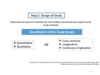  Cross-sectional
 Longitudinal
 Continuous longitudinal
Step 2: Design of Study
Observational research methods are most widely considered than experimental
study methods
Classification of DU Study Design
 Quantitative
 Qualitative
Introduction To Drug Utilization Research, WHO International Working Group for Drugs Statistics Methodology, WHO
Collaborating Centre for Drug Statistics Methodology. WHO 2003
OR
32
 