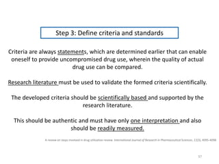A review on steps involved in drug utilization review. International Journal of Research in Pharmaceutical Sciences, 11(3), 4095-4098.
Criteria are always statements, which are determined earlier that can enable
oneself to provide uncompromised drug use, wherein the quality of actual
drug use can be compared.
Research literature must be used to validate the formed criteria scientifically.
The developed criteria should be scientifically based and supported by the
research literature.
This should be authentic and must have only one interpretation and also
should be readily measured.
Step 3: Define criteria and standards
37
 
