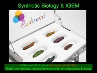    
Synthetic Biology & IGEM
IGEM since 2005 | E.chromi: https://vimeo.com/19759432
Global competition, meanwhile more and more designers & artists
 