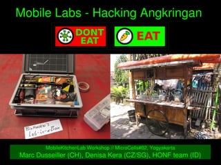    
Mobile Labs ­ Hacking Angkringan 
MobileKitchenLab Workshop // MicroCells#02, Yogyakarta
Marc Dusseiller (CH), Denisa Kera (CZ/SG), HONF team (ID)
 