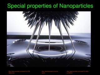    
Special properties of Nanoparticles
http://sachikokodama.com/en
/work/
http://www.youtube.com/watch?v=WXv
ar­4M6VA
http://www.youtube.com/watch?v=FZ6
SB4JvJoU
 
