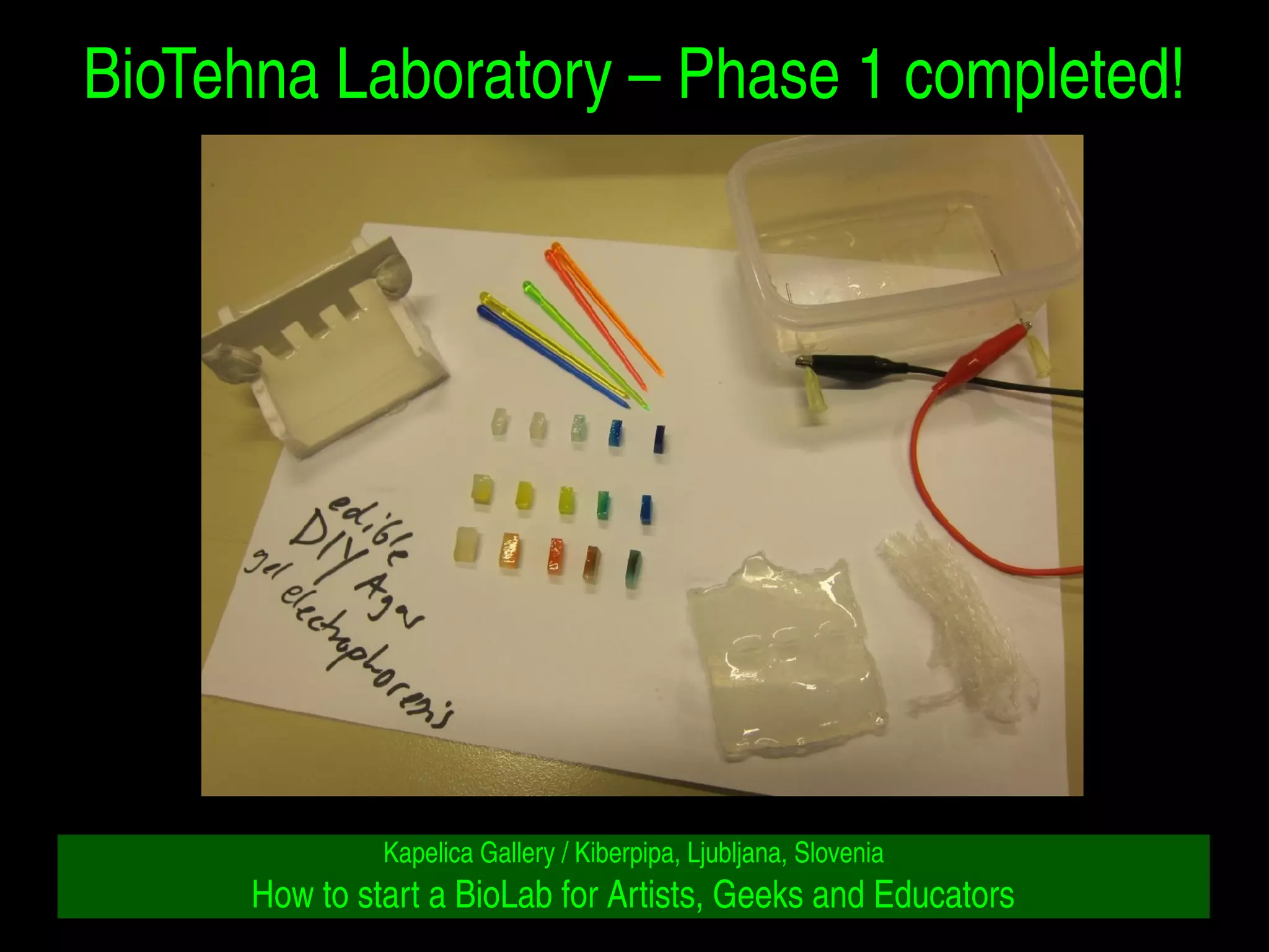 BioTehna Laboratory – Phase 1 completed! 
Kapelica Gallery / Kiberpipa, Ljubljana, Slovenia 
How to start a BioLab for Artists, Geeks and Educators 
 
