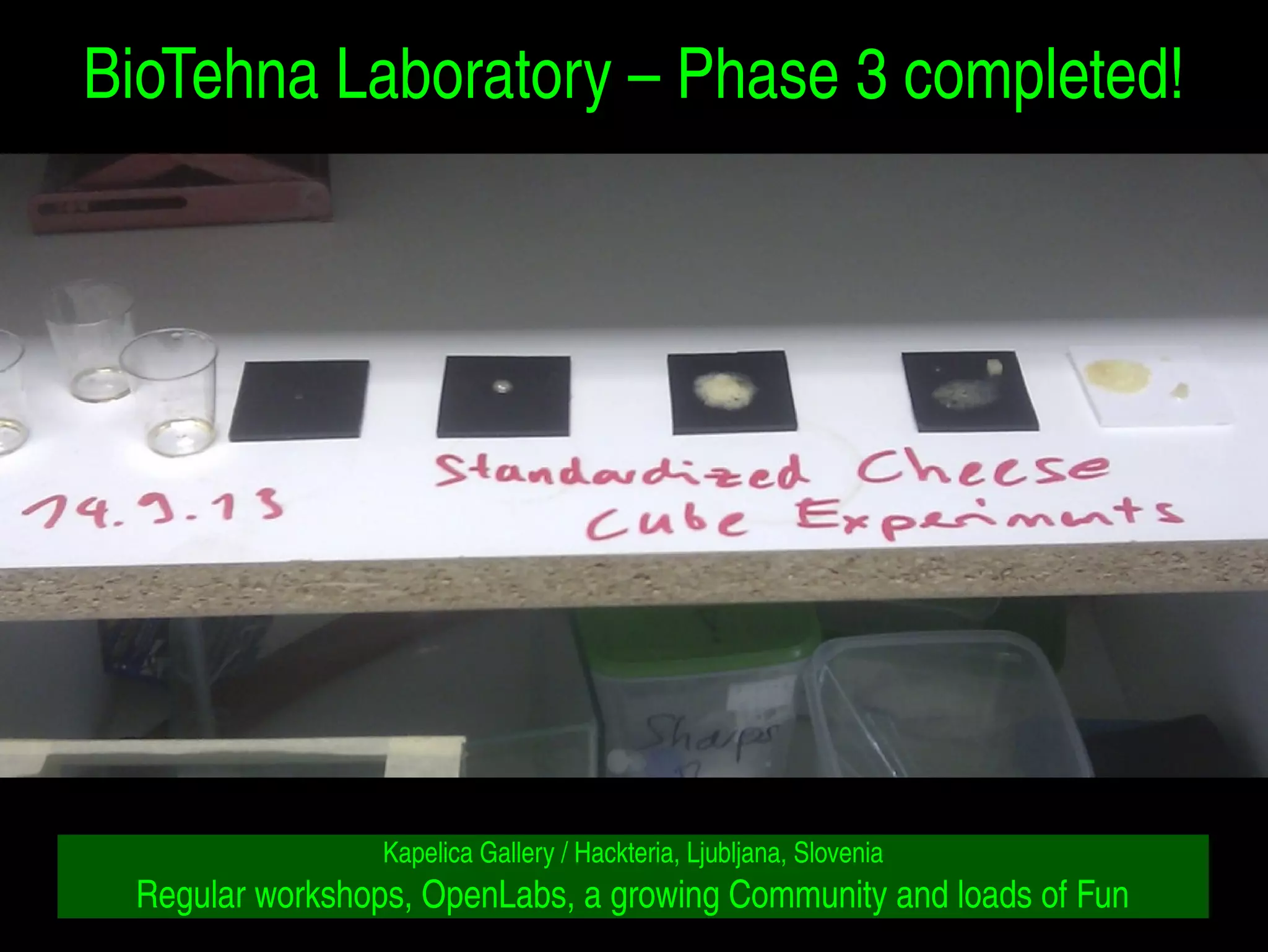 BioTehna Laboratory – Phase 3 completed! 
Kapelica Gallery / Hackteria, Ljubljana, Slovenia 
Regular workshops, OpenLabs, a growing Community and loads of Fun 
 