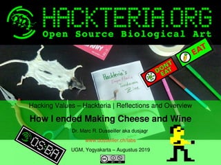    
Hacking Values – Hackteria | Reflections and Overview
How I ended Making Cheese and Wine
Dr. Marc R. Dusseiller aka dusjagr 
www.dusseiller.ch/labs
UGM, Yogyakarta – Augustus 2019
 