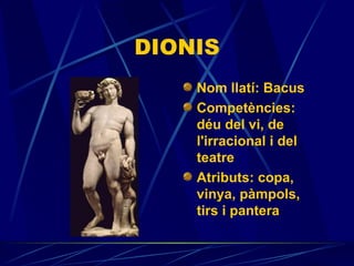 DIONIS Nom llatí: Bacus Competències:  déu del vi, de l'irracional i del teatre Atributs:  copa, vinya, pàmpols, tirs i pantera                                                   