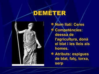 DEMÈTER Nom llatí: Ceres Competències:  deessa de l'agricultura, donà el blat i les lleis als homes. Atributs:  espigues de blat, falç, torxa, serp 