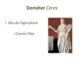 Deméter Ceres
• Déu de l’agricultura
- Cronos i Rea

 