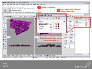 1     Create a new layer
                                           Lock layers other than your
                                      2    newly created one




             This indicates the layer you are
                   currently working on




Rhino
Layers
 