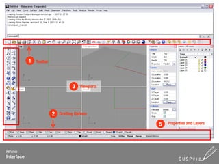 1   Toolbar




                                     3   Viewports




                          2   Drafting Options

                                                     5   Properties and Layers




Rhino
Interface
 