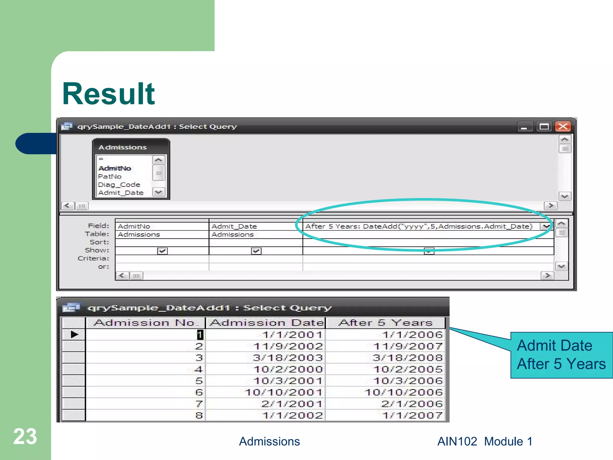 Result Admissions AIN102  Module 1 Admit Date After 5 Years 