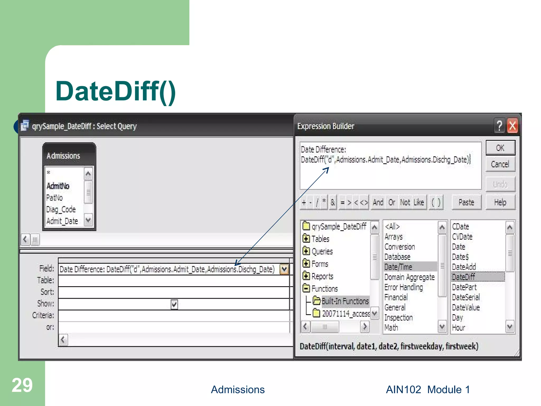 DateDiff() Admissions AIN102  Module 1 