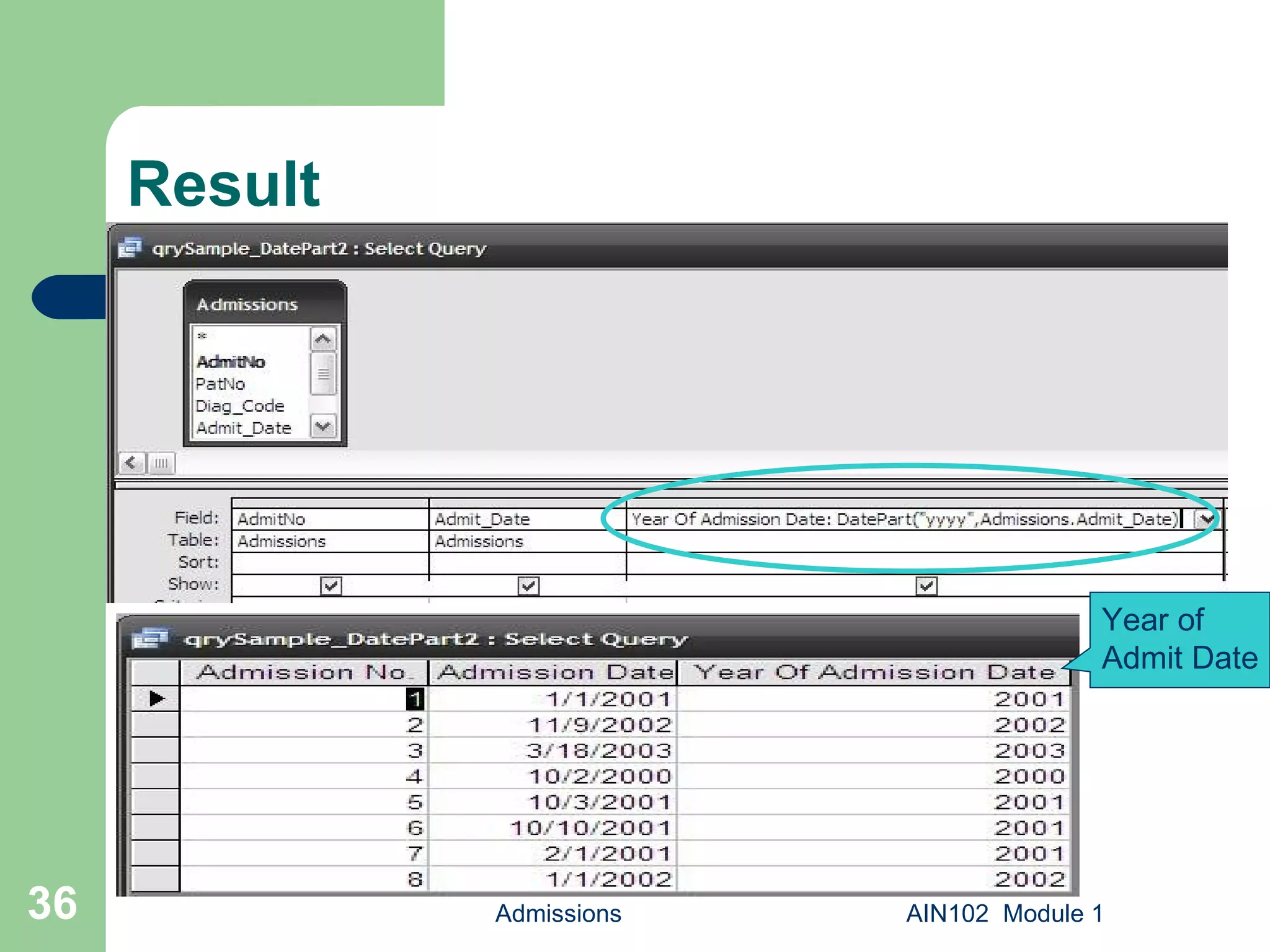 Result Admissions AIN102  Module 1 Year of Admit Date 