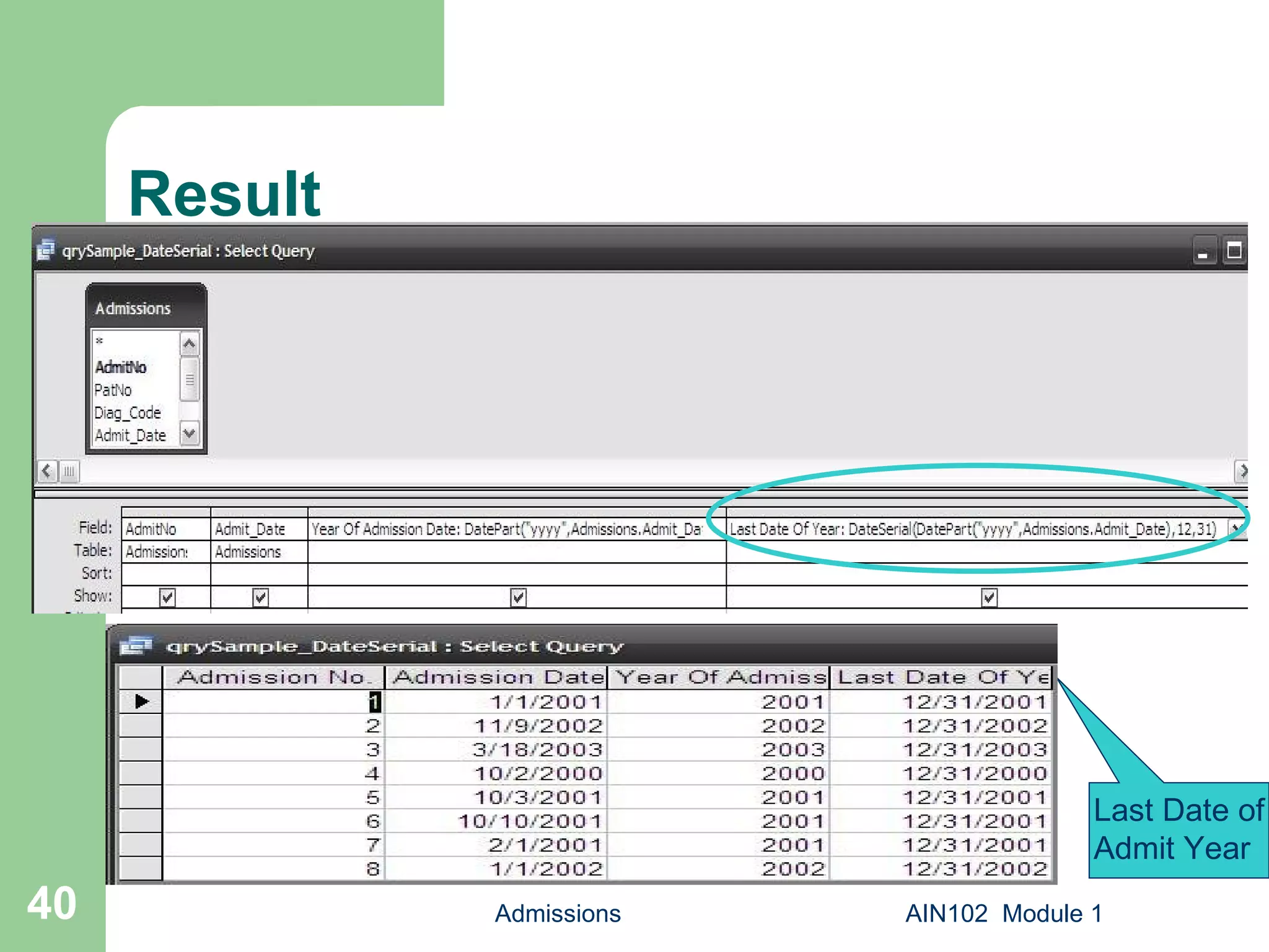 Result Admissions AIN102  Module 1 Last Date of Admit Year 