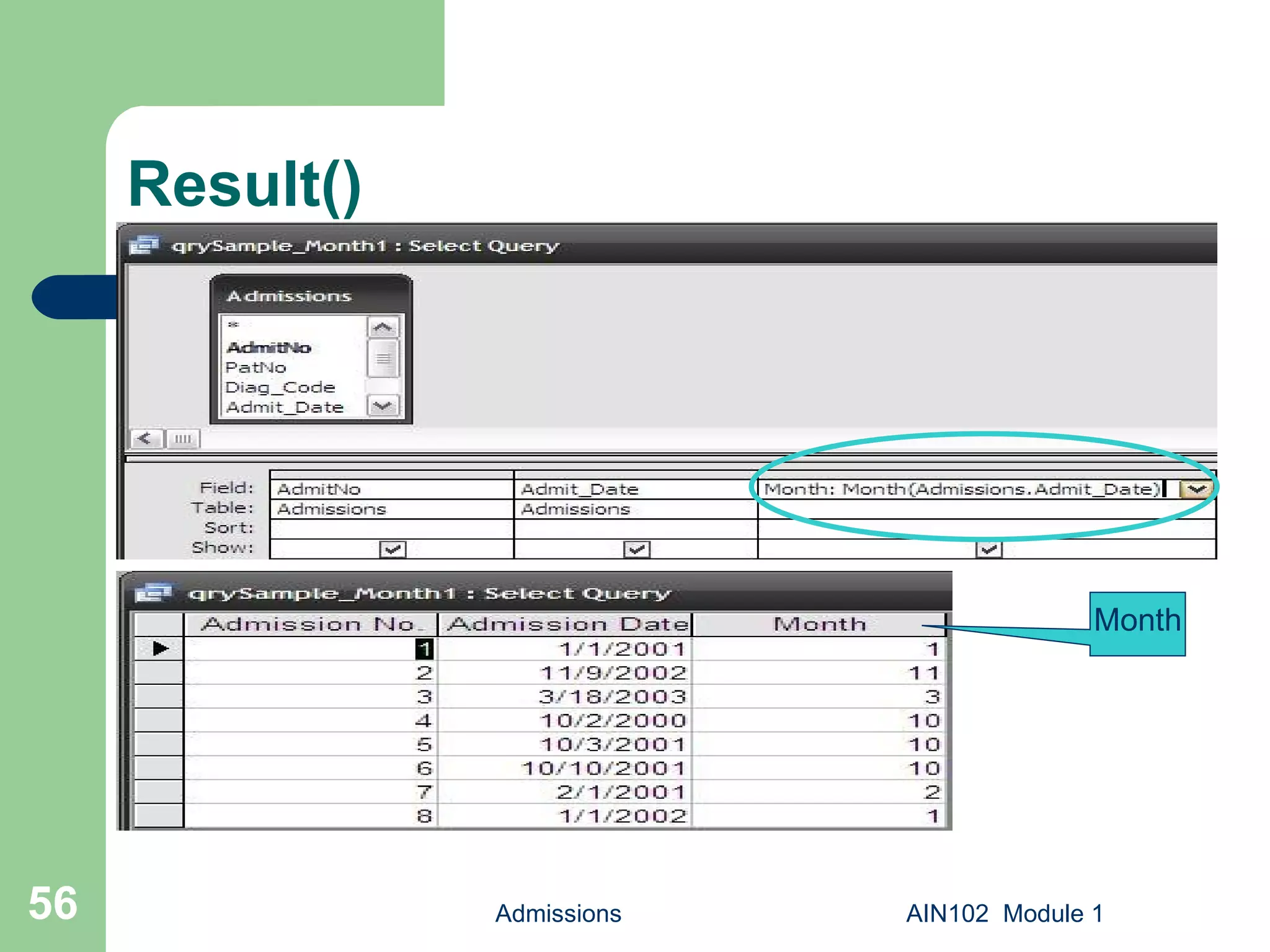 Result() Admissions AIN102  Module 1 Month 