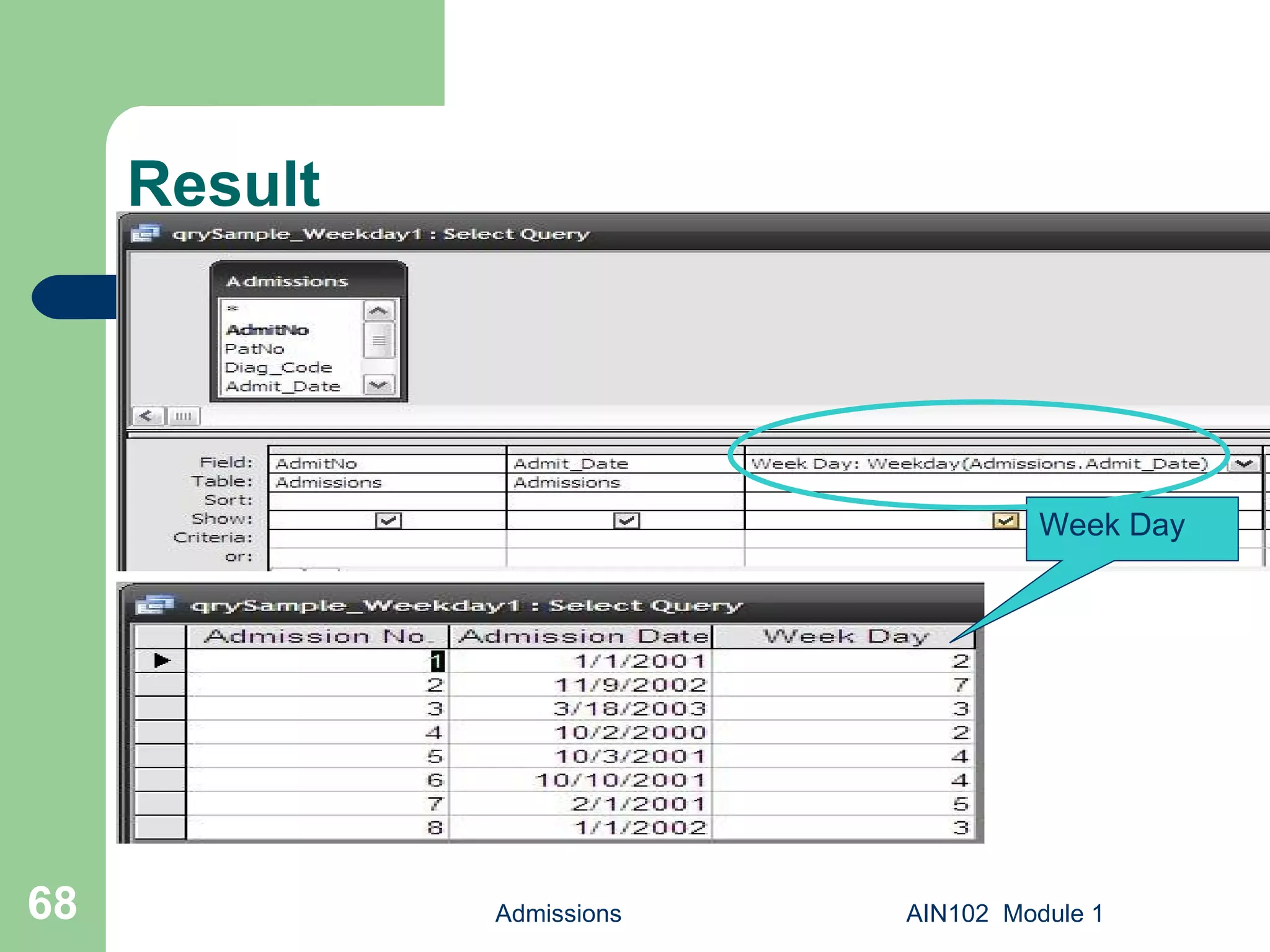 Result Admissions AIN102  Module 1 Week Day 