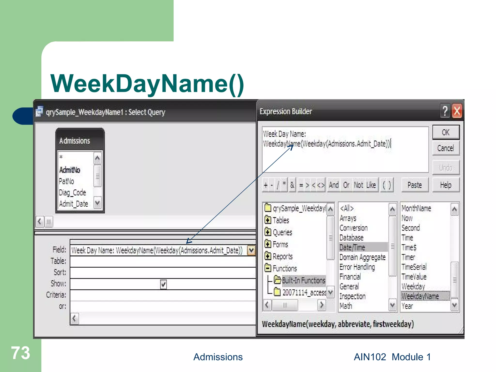 WeekDayName() Admissions AIN102  Module 1 
