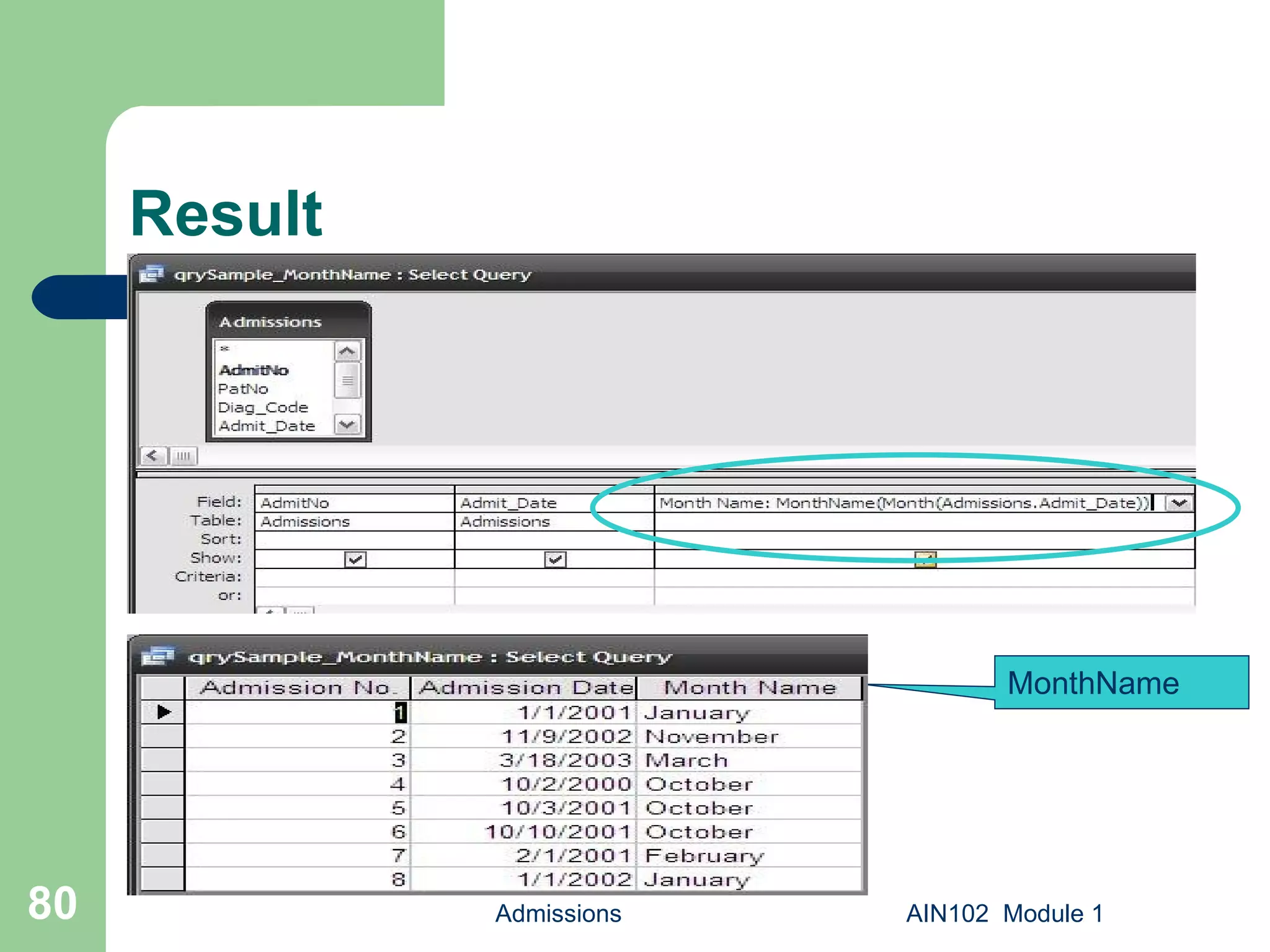 Result Admissions AIN102  Module 1 MonthName 
