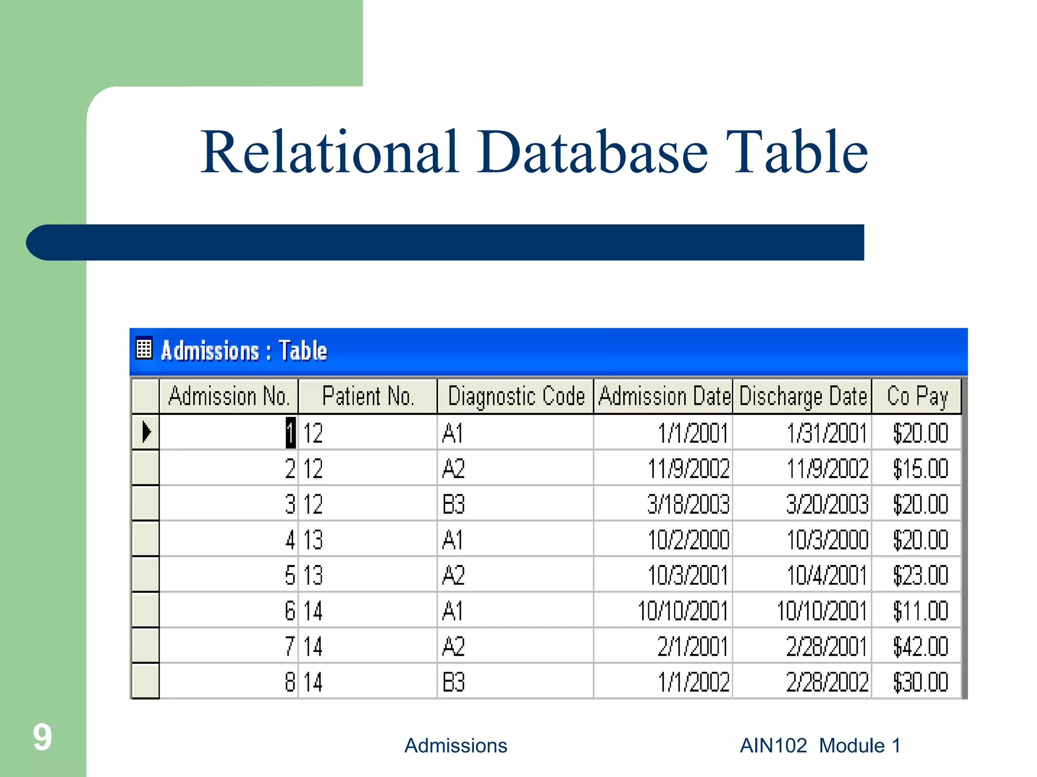 Admissions AIN102  Module 1 Relational Database Table 