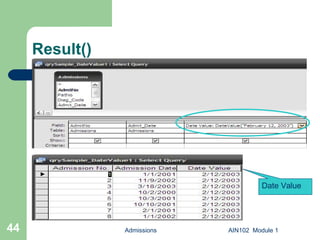 Result() Admissions AIN102  Module 1 Date Value 