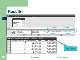 Result() Admissions AIN102  Module 1 Date Value 