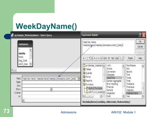 WeekDayName() Admissions AIN102  Module 1 