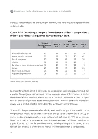 38
ingresos, lo que dificulta la formación por Internet, que tiene importante presencia del
sector privado.
Cuadro N.° 5: Docentes que siempre o frecuentemente utilizan la computadora o
Internet para realizar las siguientes actividades según edad.
La encuesta también relevó la percepción de los docentes sobre el equipamiento de sus
escuelas. Esta pregunta es importante porque, como se señaló anteriormente, la actitud
de los docentes está vinculada a la frecuencia de uso, y a la posibilidad de tener un reper-
torio de prácticas organizado desde el trabajo cotidiano. A menor contacto e interacción,
mayor será la actitud negativa de los docentes, y más pobres serán los usos.
Si se analiza lo que aparece en el cuadro 6, resulta evidente que la introducción de las
computadoras todavía no alcanza a la difusión que ya tienen la televisión, el DVD, y en
menor medida el proyector/cañón, es decir, la pantalla colectiva. Un 40% de las escuelas
tienen, en el reporte de sus docentes, computadoras con acceso a Internet para alumnos
y para docentes; son más las que tienen conectividad que las que no la tienen, en una
relación que empieza a asumir que las nuevas tecnologías suponen la conectividad.
II Los docentes frente a los cambios: de la amenaza a la celebración
Búsqueda de información 85 94 86 86 79
Correo electrónico o e-mail 72 83 72 70 67
Uso de programas 65 74 67 61 58
Chatear 32 48 36 29 19
Participar en foros, blogs o redes sociales 30 46 33 27 19
Juegos 29 34 31 26 26
Bajar música o películas 29 45 32 22 17
Capacitación por Internet 26 27 27 23 23
Fuente: UPEA, 2011. N=2400 docentes.
Edad
Hasta 29
(%)
Siempre
Frecuentemente
(%)
30 a 39
(%)
30 a 39
(%)
30 a 39
(%)
 