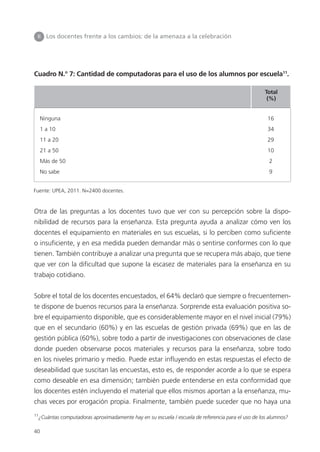 40
Cuadro N.° 7: Cantidad de computadoras para el uso de los alumnos por escuela11
.
Otra de las preguntas a los docentes tuvo que ver con su percepción sobre la dispo-
nibilidad de recursos para la enseñanza. Esta pregunta ayuda a analizar cómo ven los
docentes el equipamiento en materiales en sus escuelas, si lo perciben como suficiente
o insuficiente, y en esa medida pueden demandar más o sentirse conformes con lo que
tienen. También contribuye a analizar una pregunta que se recupera más abajo, que tiene
que ver con la dificultad que supone la escasez de materiales para la enseñanza en su
trabajo cotidiano.
Sobre el total de los docentes encuestados, el 64% declaró que siempre o frecuentemen-
te dispone de buenos recursos para la enseñanza. Sorprende esta evaluación positiva so-
bre el equipamiento disponible, que es considerablemente mayor en el nivel inicial (79%)
que en el secundario (60%) y en las escuelas de gestión privada (69%) que en las de
gestión pública (60%), sobre todo a partir de investigaciones con observaciones de clase
donde pueden observarse pocos materiales y recursos para la enseñanza, sobre todo
en los niveles primario y medio. Puede estar influyendo en estas respuestas el efecto de
deseabilidad que suscitan las encuestas, esto es, de responder acorde a lo que se espera
como deseable en esa dimensión; también puede entenderse en esta conformidad que
los docentes estén incluyendo el material que ellos mismos aportan a la enseñanza, mu-
chas veces por erogación propia. Finalmente, también puede suceder que no haya una
II Los docentes frente a los cambios: de la amenaza a la celebración
11
¿Cuántas computadoras aproximadamente hay en su escuela / escuela de referencia para el uso de los alumnos?
Fuente: UPEA, 2011. N=2400 docentes.
Ninguna 16
1 a 10 34
11 a 20 29
21 a 50 10
Más de 50 2
No sabe 9
Total
(%)
 