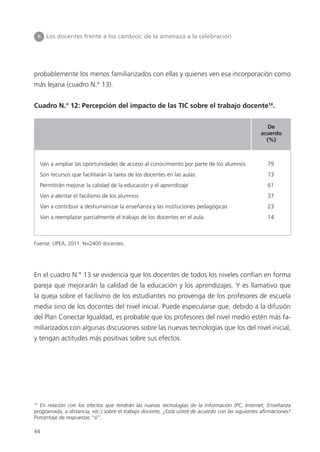 44
probablemente los menos familiarizados con ellas y quienes ven esa incorporación como
más lejana (cuadro N.° 13).
Cuadro N.° 12: Percepción del impacto de las TIC sobre el trabajo docente14
.
En el cuadro N.° 13 se evidencia que los docentes de todos los niveles confían en forma
pareja que mejorarán la calidad de la educación y los aprendizajes. Y es llamativo que
la queja sobre el facilismo de los estudiantes no provenga de los profesores de escuela
media sino de los docentes del nivel inicial. Puede especularse que, debido a la difusión
del Plan Conectar Igualdad, es probable que los profesores del nivel medio estén más fa-
miliarizados con algunas discusiones sobre las nuevas tecnologías que los del nivel inicial,
y tengan actitudes más positivas sobre sus efectos.
II Los docentes frente a los cambios: de la amenaza a la celebración
14
En relación con los efectos que tendrán las nuevas tecnologías de la información (PC, Internet, Enseñanza
programada, a distancia, etc.) sobre el trabajo docente, ¿Está usted de acuerdo con las siguientes afirmaciones?
Porcentaje de respuestas “sí”.
Fuente: UPEA, 2011. N=2400 docentes.
Van a ampliar las oportunidades de acceso al conocimiento por parte de los alumnos 79
Son recursos que facilitarán la tarea de los docentes en las aulas 73
Permitirán mejorar la calidad de la educación y el aprendizaje 61
Van a alentar el facilismo de los alumnos 37
Van a contribuir a deshumanizar la enseñanza y las instituciones pedagógicas 23
Van a reemplazar parcialmente el trabajo de los docentes en el aula 14
De
acuerdo
(%)
 