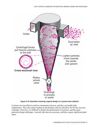 DUST CONTROL HANDBOOK FOR INDUSTRIAL MINERALS MINING AND PROCESSING
FUNDAMENTALS OF DUST COLLECTION SYSTEMS 57
Figure 2.16. Illustration showing a typical design of a cyclone dust collector.
Dust-laden
air inlet
Outlet
Centrifugal forces
pull heavier particles
to the wall
Rotary
airlock
valve
Discharge
to process
or waste
Cross-sectional view
Lighter particles
move towards
the center
and upward
Cyclones are cost-effective and low-maintenance devices, and they can handle high
temperatures. They also reduce loading on the primary collector and allow for the dry recovery
of product. However, it is difficult to predict the performance of cyclones, and they pose
particular design challenges. Accurate inlet data are necessary, and they require significant plant
space.
 