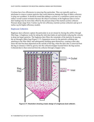 DUST CONTROL HANDBOOK FOR INDUSTRIAL MINERALS MINING AND PROCESSING
58 FUNDAMENTALS OF DUST COLLECTION SYSTEMS
Cyclones have low efficiencies in removing fine particulate. They are typically used as a
precleaner to remove coarser particles that could otherwise damage the bags in fabric collectors
or plug wet scrubbers. It should be noted that adding a cyclone to a ventilation system may not
reduce overall system resistance because the drop in resistance at the baghouse (due to lower
dust loading) may be more than offset by the pressure drop of the inertial cyclone collector.
Pressure drops range from 3 inches wg for low-efficiency inertial cyclone collectors and up to 8
inches wg for higher-efficiency models.
Baghouse Collectors
Baghouse dust collectors capture the particulate in an air stream by forcing the airflow through
filter bags. A baghouse works by taking the inlet dust-laden air and initially reducing the velocity
to drop out larger particles. The baghouse then filters the remainder of the particles by passing
the air through a fabric bag (Figure 2.17). Separation occurs by the particles colliding and
attaching to the filter fabric and subsequently building upon themselves, creating a dust cake.
Since the dust has been deposited on the outside of the bag, when the dust cake is removed from
the bag or cleaned, it falls by gravity into the collection hopper located below the bag section.
Collected dust is then removed from the collector through a hopper valve.
Outlet
Inlet
Bag
filter
Figure 2.17. Illustration showing a basic design of a baghouse dust collector.
 