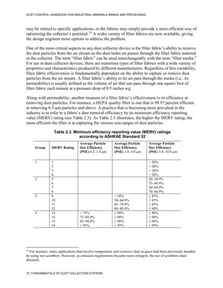 DUST CONTROL HANDBOOK FOR INDUSTRIAL MINERALS MINING AND PROCESSING
72 FUNDAMENTALS OF DUST COLLECTION SYSTEMS
may be related to specific applications, or the fabrics may simply provide a more efficient way of
optimizing the collector’s potential.18
A wider variety of filter fabrics are now available, giving
the design engineer more options to address the problem.
18
For instance, many applications that involve temperature and corrosive dust or gases had been previously handled
by using wet scrubbers. However, as emission requirements become more stringent, the use of scrubbers must
diminish.
One of the most critical aspects to any dust collector device is the filter fabric’s ability to remove
the dust particles from the air stream as the dust-laden air passes through the filter fabric material
in the collector. The term “filter fabric” can be used interchangeably with the term “filter media.”
For use in dust collector devices, there are numerous types of filter fabrics with a wide variety of
properties and characteristics produced by different manufacturers. Regardless of this variability,
filter fabric effectiveness is fundamentally dependent on the ability to capture or remove dust
particles from the air stream. A filter fabric’s ability to let air pass through the media (i.e., its
permeability) is usually defined as the volume of air that can pass through one square foot of
filter fabric each minute at a pressure drop of 0.5 inches wg.
Along with permeability, another measure of a filter fabric’s effectiveness is its efficiency at
removing dust particles. For instance, a HEPA quality filter is one that is 99.97 percent efficient
at removing 0.3-μm particles and above. A practice that is becoming more prevalent in the
industry is to refer to a fabric’s dust removal efficiency by its minimum efficiency reporting
value (MERV) rating (see Table 2.3). As Table 2.3 illustrates, the higher the MERV rating, the
more efficient the filter is at capturing the various size ranges of dust particles.
Table 2.3. Minimum efficiency reporting value (MERV) ratings
according to ASHRAE Standard 52
Group MERV Rating
Average Particle
Size Efficiency
(PSE) 0.3–1.0 μm
Average Particle
Size Efficiency
(PSE) 1.0–3.0 μm
Average Particle
Size Efficiency
(PSE) 3.0–10.0 μm
1 1
2
3
4
- - < 20%
< 20%
< 20%
< 20%
2 5
6
7
8
- - 20–34.9%
35–49.9%
50–69.9%
70–84.9%
3 9
10
11
12
- < 50%
50–64.9%
65–79.9%
80–89.9%
≥ 85%
≥ 85%
≥ 85%
≥ 90%
4 13
14
15
16
< 75%
75–84.9%
85–94.9%
≥ 95%
≥ 90%
≥ 90%
≥ 90%
≥ 95%
≥ 90%
≥ 90%
≥ 90%
≥ 95%
 