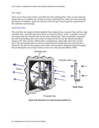 DUST CONTROL HANDBOOK FOR INDUSTRIAL MINERALS MINING AND PROCESSING
80 FUNDAMENTALS OF DUST COLLECTION SYSTEMS
Fan Types
There are two basic types of fans: axial-flow fans and centrifugal fans. There are also other fan
designs that use or combine the concepts of axial or centrifugal flow; these are axial-centrifugal
fans and roof ventilators. Again, the selection of the fan type is based upon the requirements of
the ventilation system design.
Axial-Flow Fans
The axial-flow fan category includes propeller fans, tubeaxial fans, vaneaxial fans, and two-stage
axial-flow fans. Axial-flow fans move the air in a direction that is “axial,” or parallel, to the axis
of rotation of the fan. Propeller fans are the most common type. They are generally mounted in
the wall of the building near a heat source to exhaust the hot air into the outside atmosphere
(Figure 2.29). They can have different drive configurations, being either direct drive or belt
drive. The wall-mounted fans can also be constructed with shutters that close when the fan is
turned off. The fans for this purpose can be either wall-mounted or pedestal-mounted. Propeller
fans are designed to move large volumes of air at low static pressures [Bleier 1998].
Propeller fan
Outside wall
Inlet
Outlet
Outside wall
Side View
Figure 2.29. Illustration of a wall-mounted propeller fan.
 