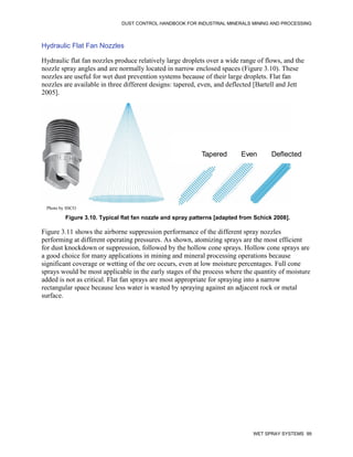 DUST CONTROL HANDBOOK FOR INDUSTRIAL MINERALS MINING AND PROCESSING
WET SPRAY SYSTEMS 99
Hydraulic Flat Fan Nozzles
Hydraulic flat fan nozzles produce relatively large droplets over a wide range of flows, and the
nozzle spray angles and are normally located in narrow enclosed spaces (Figure 3.10). These
nozzles are useful for wet dust prevention systems because of their large droplets. Flat fan
nozzles are available in three different designs: tapered, even, and deflected [Bartell and Jett
2005].
Figure 3.10. Typical flat fan nozzle and spray patterns [adapted from Schick 2008].
Tapered Even Deflected
Photo by SSCO
Figure 3.11 shows the airborne suppression performance of the different spray nozzles
performing at different operating pressures. As shown, atomizing sprays are the most efficient
for dust knockdown or suppression, followed by the hollow cone sprays. Hollow cone sprays are
a good choice for many applications in mining and mineral processing operations because
significant coverage or wetting of the ore occurs, even at low moisture percentages. Full cone
sprays would be most applicable in the early stages of the process where the quantity of moisture
added is not as critical. Flat fan sprays are most appropriate for spraying into a narrow
rectangular space because less water is wasted by spraying against an adjacent rock or metal
surface.
 