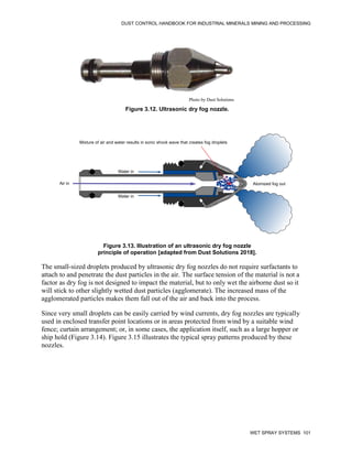 DUST CONTROL HANDBOOK FOR INDUSTRIAL MINERALS MINING AND PROCESSING
WET SPRAY SYSTEMS 101
Figure 3.12. Ultrasonic dry fog nozzle.
Photo by Dust Solutions
Figure 3.13. Illustration of an ultrasonic dry fog nozzle
principle of operation [adapted from Dust Solutions 2018].
Atomized fog out
Mixture of air and water results in sonic shock wave that creates fog droplets
Water in
Air in
Water in
The small-sized droplets produced by ultrasonic dry fog nozzles do not require surfactants to
attach to and penetrate the dust particles in the air. The surface tension of the material is not a
factor as dry fog is not designed to impact the material, but to only wet the airborne dust so it
will stick to other slightly wetted dust particles (agglomerate). The increased mass of the
agglomerated particles makes them fall out of the air and back into the process.
Since very small droplets can be easily carried by wind currents, dry fog nozzles are typically
used in enclosed transfer point locations or in areas protected from wind by a suitable wind
fence; curtain arrangement; or, in some cases, the application itself, such as a large hopper or
ship hold (Figure 3.14). Figure 3.15 illustrates the typical spray patterns produced by these
nozzles.
 