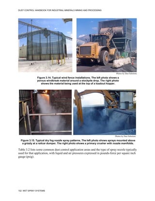 DUST CONTROL HANDBOOK FOR INDUSTRIAL MINERALS MINING AND PROCESSING
102 WET SPRAY SYSTEMS
Figure 3.14. Typical wind fence installations. The left photo shows a
porous windbreak material around a stockpile drop. The right photo
shows the material being used at the top of a loadout hopper.
Photos by Dust Solutions
Figure 3.15. Typical dry fog nozzle spray patterns. The left photo shows sprays mounted above
a grizzly at a railcar dumper. The right photo shows a primary crusher with nozzle manifolds.
Photos by Dust Solutions
Table 3.2 lists some common dust control application areas and the type of spray nozzle typically
used for that application, with liquid and air pressures expressed in pounds-force per square inch
gauge (psig).
 