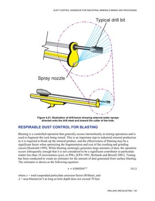 DUST CONTROL HANDBOOK FOR INDUSTRIAL MINERALS MINING AND PROCESSING
DRILLING AND BLASTING 145
Figure 4.21. Illustration of drill boom showing external water sprays
directed onto the drill steel and toward the collar of the hole.
Typical drill bit
Spray nozzle
RESPIRABLE DUST CONTROL FOR BLASTING
Blasting is a controlled operation that generally occurs intermittently at mining operations and is
used to fragment the rock being mined. This is an important step in industrial mineral production
as it is required to break up the mineral product, and the effectiveness of blasting may be a
significant factor when optimizing the fragmentation and cost of the crushing and grinding
circuit [Hustrulid 1999]. While blasting seemingly generates large amounts of dust, the operation
occurs infrequently enough that it is not considered to be a significant contributor to particulate
matter less than 10 micrometers (µm), or PM10 [EPA 1991; Richards and Brozell 2001]. Testing
has been conducted to create an estimator for the amount of dust generated from surface blasting.
The estimator is shown as the following equation:
𝑒 = 0.00050𝐴1.5 (4.1)
where e = total suspended particulate emission factor (lb/blast), and
A = area blasted (m2
) as long as hole depth does not exceed 70 feet.
 