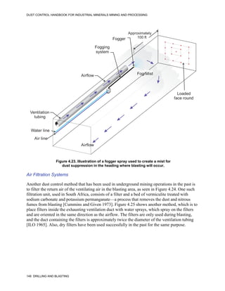 DUST CONTROL HANDBOOK FOR INDUSTRIAL MINERALS MINING AND PROCESSING
148 DRILLING AND BLASTING
Figure 4.23. Illustration of a fogger spray used to create a mist for
dust suppression in the heading where blasting will occur.
Airflow
Fogging
system
Fogger
Loaded
face round
Ventilation
tubing
Air line
Water line
Airflow
Fog/Mist
Approximately
100 ft
Air Filtration Systems
Another dust control method that has been used in underground mining operations in the past is
to filter the return air of the ventilating air in the blasting area, as seen in Figure 4.24. One such
filtration unit, used in South Africa, consists of a filter and a bed of vermiculite treated with
sodium carbonate and potassium permanganate—a process that removes the dust and nitrous
fumes from blasting [Cummins and Given 1973]. Figure 4.25 shows another method, which is to
place filters inside the exhausting ventilation duct with water sprays, which spray on the filters
and are oriented in the same direction as the airflow. The filters are only used during blasting,
and the duct containing the filters is approximately twice the diameter of the ventilation tubing
[ILO 1965]. Also, dry filters have been used successfully in the past for the same purpose.
 