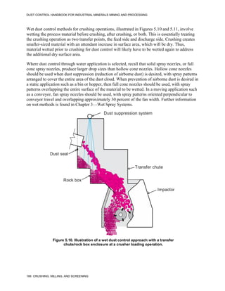 DUST CONTROL HANDBOOK FOR INDUSTRIAL MINERALS MINING AND PROCESSING
166 CRUSHING, MILLING, AND SCREENING
Wet dust control methods for crushing operations, illustrated in Figures 5.10 and 5.11, involve
wetting the process material before crushing, after crushing, or both. This is essentially treating
the crushing operation as two transfer points, the feed side and discharge side. Crushing creates
smaller-sized material with an attendant increase in surface area, which will be dry. Thus,
material wetted prior to crushing for dust control will likely have to be wetted again to address
the additional dry surface area.
Where dust control through water application is selected, recall that solid spray nozzles, or full
cone spray nozzles, produce larger drop sizes than hollow cone nozzles. Hollow cone nozzles
should be used when dust suppression (reduction of airborne dust) is desired, with spray patterns
arranged to cover the entire area of the dust cloud. When prevention of airborne dust is desired in
a static application such as a bin or hopper, then full cone nozzles should be used, with spray
patterns overlapping the entire surface of the material to be wetted. In a moving application such
as a conveyor, fan spray nozzles should be used, with spray patterns oriented perpendicular to
conveyor travel and overlapping approximately 30 percent of the fan width. Further information
on wet methods is found in Chapter 3—Wet Spray Systems.
Figure 5.10. Illustration of a wet dust control approach with a transfer
chute/rock box enclosure at a crusher loading operation.
Dust seal
Transfer chute
Impactor
Dust suppression system
Rock box
 