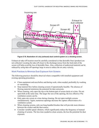 DUST CONTROL HANDBOOK FOR INDUSTRIAL MINERALS MINING AND PROCESSING
CRUSHING, MILLING, AND SCREENING 173
Figure 5.16. Illustration of a dry (exhaust) dust control system on a vibrating screen.
Incoming ore
Screen #1
Screen #2
Exhaust to
dust collector
Exhaust air take-off location must be carefully considered so that desirable fines (product) are
not collected. Locating the take-off closer to the discharge (away from the feed end) of the
screen will help avoid the loss of desirable fines. Also, collection of undersized material can be
reduced by using take-off openings large in area to reduce the air entry velocity.
Work Practices to Minimize Dust Exposure from Screens
The following practices should be observed where compatible with installed equipment and
existing operating procedures.
 Clean equipment and area before and during work, when needed, preferably by washing
or vacuuming.
 Stop material flow before cleaning screens if operationally feasible. The absence of
flowing material minimizes the potential for dust emissions.
 When cleaning, only open the top or the bottom part of screen decks at a time. Do not
open both at the same time. The larger the size of the opening, the less effective t*he
ventilation system can be.
 Only open one screen at a time during cleaning. Do not open multiple screens
simultaneously. Again, numerous openings decrease the capture effectiveness of a
ventilation system.
 When cleaning screens, only use long-handled brushes that will provide more distance
between the worker and the dust source.
 Consider variable-speed vibrators, which significantly reduce the frequency of manual
cleaning of screens. The less time needed to clean screens, the less the potential for dust
exposure.
 