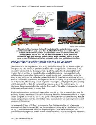 DUST CONTROL HANDBOOK FOR INDUSTRIAL MINERALS MINING AND PROCESSING
188 CONVEYING AND TRANSPORT
Figure 6.12. Wear liner and chute wall installed near the belt and within a transfer
zone to maintain the loaded ore on the belt. The left illustration shows a transfer zone
of a belt with a cutaway (Section A-A) view of the chute wall, the wear liner, the
sealing system, and the belt. The top right photo shows an actual application
of the chute wall, wear liner and sealing system, which includes a sealing strip and
clamp system. The bottom right photo shows a transfer zone application in the field.
Chute wall
Straight
wear liner
Sealing strip
clamp
Sealing
strips
Chute wall
A
Deflector
wear liner
A
Section A-A
Photos by Martin Engineering
PREVENTING THE CREATION OF EXCESS AIR VELOCITY
When material is discharged from a head pulley and travels through the air, it tends to open up
and spread out. The amount of spread the material achieves depends on a combination of the
amount of vertical drop, the discharging belt’s speed, the angle of the discharging belt, and
whether there is anything in place to limit the spread of the material—such as a chute wall,
deflector plate, or wear plate. As the material spreads it gathers air (venturi effect) within the
material load, and when the material with its encapsulated air drops onto the receiving belt, the
material collapses back onto itself, pushing the air out and increasing the quantity and velocity of
air in the transfer. The resulting air with its greater velocity picks up light particles, thus creating
and liberating airborne dust. By implementing measures to avoid this material spread by
shortening the drop or controlling the material flow, much of this added velocity can be avoided,
reducing the ability of the air to pick up dust.
Engineered flow chutes are designed to control the material in a tight stream and place it on the
receiving belt with a minimum creation of air velocity. The hood maintains the material in a tight
stream and glides it down to the spoon. The spoon continues the process of maintaining the tight
stream and guiding the material onto the belt with a minimal drop while matching the speed and
direction of the material.
As an example, Figure 6.13 shows an engineered flow chute depicted by way of a coupled
computational fluid dynamics (CFD) and discrete element method (DEM) simulation [Goniva et
al. 2012]. The top illustration shows the original design of a bulk material (lead and zinc
concentrate) transfer process, and the bottom illustration shows a modified design that directs the
 