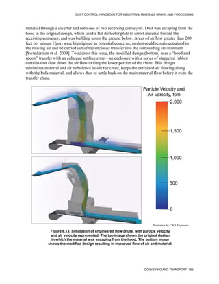 DUST CONTROL HANDBOOK FOR INDUSTRIAL MINERALS MINING AND PROCESSING
CONVEYING AND TRANSPORT 189
material through a diverter and onto one of two receiving conveyors. Dust was escaping from the
hood in the original design, which used a flat deflector plate to direct material toward the
receiving conveyor, and was building up on the ground below. Areas of airflow greater than 200
feet per minute (fpm) were highlighted as potential concerns, as dust could remain entrained in
the moving air and be carried out of the enclosed transfer into the surrounding environment
[Swinderman et al. 2009]. To address this issue, the modified design (bottom) uses a “hood and
spoon” transfer with an enlarged settling zone—an enclosure with a series of staggered rubber
curtains that slow down the air flow exiting the lower portion of the chute. This design
minimizes material and air turbulence inside the chute, keeps the entrained air flowing along
with the bulk material, and allows dust to settle back on the main material flow before it exits the
transfer chute.
Figure 6.13. Simulation of engineered flow chute, with particle velocity
and air velocity represented. The top image shows the original design
in which the material was escaping from the hood. The bottom image
shows the modified design resulting in improved flow of air and material.
Particle Velocity and
Air Velocity, fpm
2,000
1,500
1,000
500
0
Illustration by CWA Engineers
 