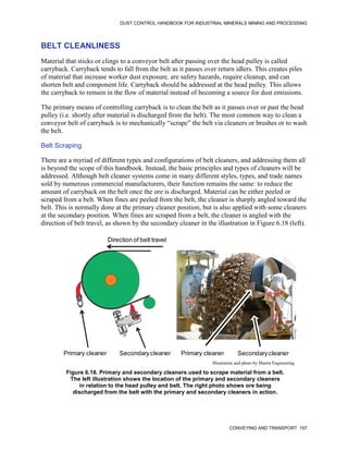 DUST CONTROL HANDBOOK FOR INDUSTRIAL MINERALS MINING AND PROCESSING
CONVEYING AND TRANSPORT 197
BELT CLEANLINESS
Material that sticks or clings to a conveyor belt after passing over the head pulley is called
carryback. Carryback tends to fall from the belt as it passes over return idlers. This creates piles
of material that increase worker dust exposure, are safety hazards, require cleanup, and can
shorten belt and component life. Carryback should be addressed at the head pulley. This allows
the carryback to remain in the flow of material instead of becoming a source for dust emissions.
The primary means of controlling carryback is to clean the belt as it passes over or past the head
pulley (i.e. shortly after material is discharged from the belt). The most common way to clean a
conveyor belt of carryback is to mechanically “scrape” the belt via cleaners or brushes or to wash
the belt.
Belt Scraping
There are a myriad of different types and configurations of belt cleaners, and addressing them all
is beyond the scope of this handbook. Instead, the basic principles and types of cleaners will be
addressed. Although belt cleaner systems come in many different styles, types, and trade names
sold by numerous commercial manufacturers, their function remains the same: to reduce the
amount of carryback on the belt once the ore is discharged. Material can be either peeled or
scraped from a belt. When fines are peeled from the belt, the cleaner is sharply angled toward the
belt. This is normally done at the primary cleaner position, but is also applied with some cleaners
at the secondary position. When fines are scraped from a belt, the cleaner is angled with the
direction of belt travel, as shown by the secondary cleaner in the illustration in Figure 6.18 (left).
Illustration and photo by Martin Engineering
Figure 6.18. Primary and secondary cleaners used to scrape material from a belt.
The left illustration shows the location of the primary and secondary cleaners
in relation to the head pulley and belt. The right photo shows ore being
discharged from the belt with the primary and secondary cleaners in action.
Primary cleaner Secondarycleaner Primary cleaner Secondarycleaner
Direction of belt travel
 