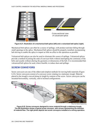 DUST CONTROL HANDBOOK FOR INDUSTRIAL MINERALS MINING AND PROCESSING
200 CONVEYING AND TRANSPORT
Figure 6.21. Illustration of a mechanical belt splice (left) and a vulcanized belt splice (right).
Cross-sectional view
of vulcanized splice
Mechanical belt splices can often be a source of spillage, with product and dust falling through
small openings in the splice. Mechanical belt splices should be properly installed, incorporating
belt skiving to enable the splice to impart as little an effect to the operation as possible.
Vulcanized belt splices can also be used to eliminate this source of spillage. Vulcanized splices
provide a method of joining the ends of conveyor belts without interrupting the continuity of the
belts and usually without altering the geometry or dimensions of the belt. It is recommended that
vulcanized belt splices be used, where feasible, to reduce dust and spillage.
SCREW CONVEYORS
Screw conveyors are one of the oldest and simplest methods for moving bulk materials (Figure
6.22). Screw conveyors consist of a conveyor screw rotating in a stationary trough. Material
placed in the trough is moved along its length by rotation of the screw. Screw conveyors can be
mounted horizontally, vertically, and in inclined configurations.
Figure 6.22. Screw conveyors designed to move material through a stationary trough.
The left illustration shows a typical screw conveyor, with arrows representing the direction
of material flow. The right photo depicts two screw conveyors installed at a mining operation.
Photo by Martin Engineering
 
